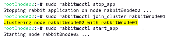 Joining node02 to the RabbitMQ cluster (node01)
