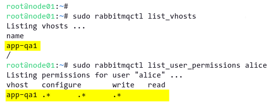 Listing available vhosts and user permissions (alice) on RabbitMQ cluster