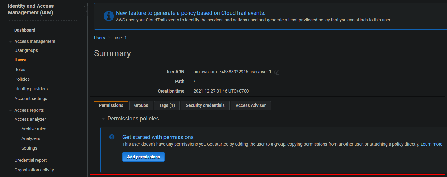 Previewing the new user’s (user-1) permissions
