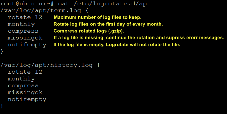 Previewing the /etc/logrotate.d/apt file with cat command