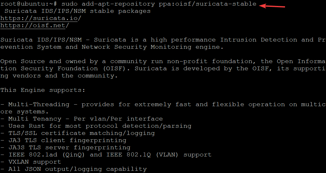 Adding the PPA repository for Suricata