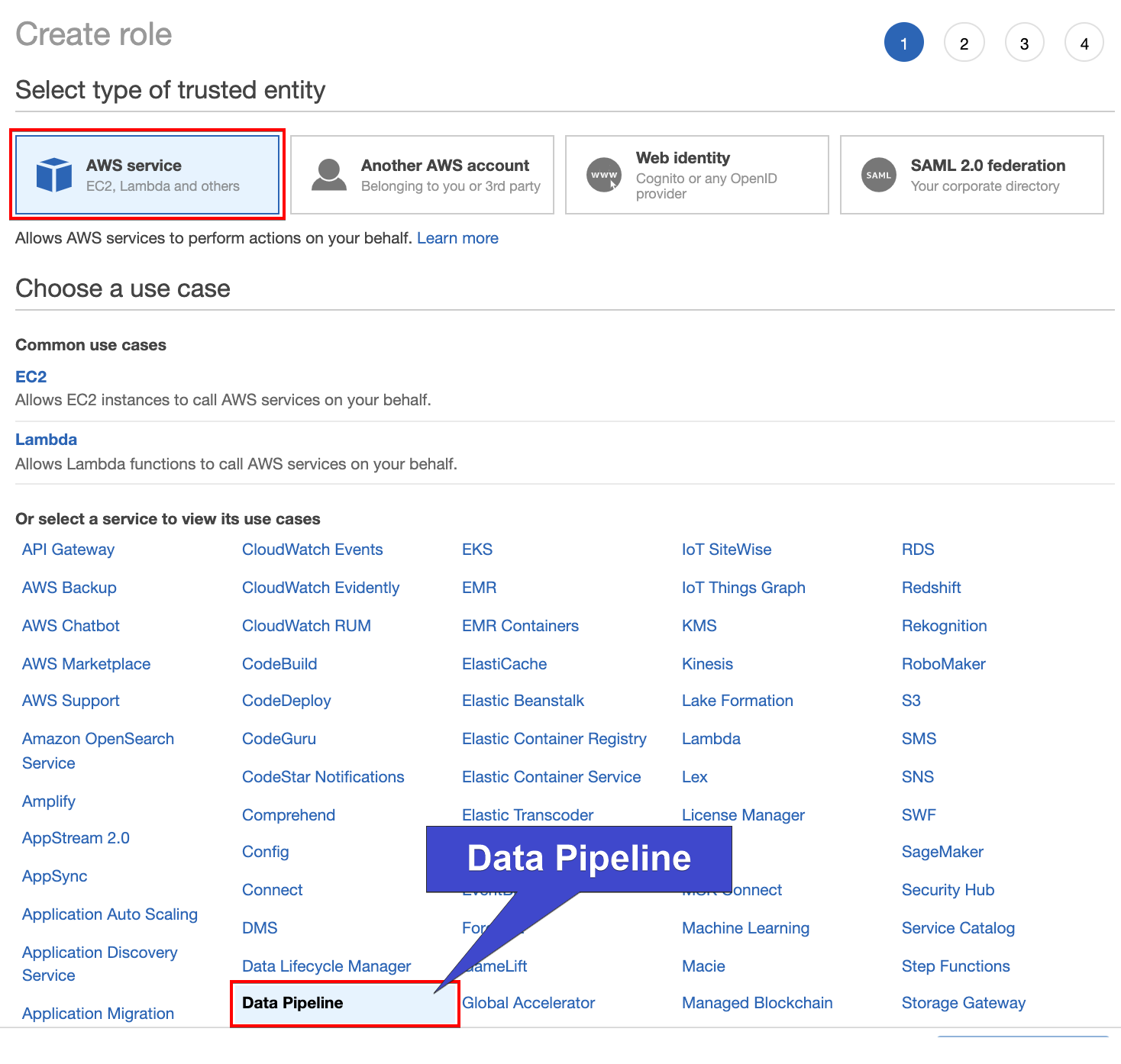 Selecting Data Pipeline as the Use Case for the AWS Service