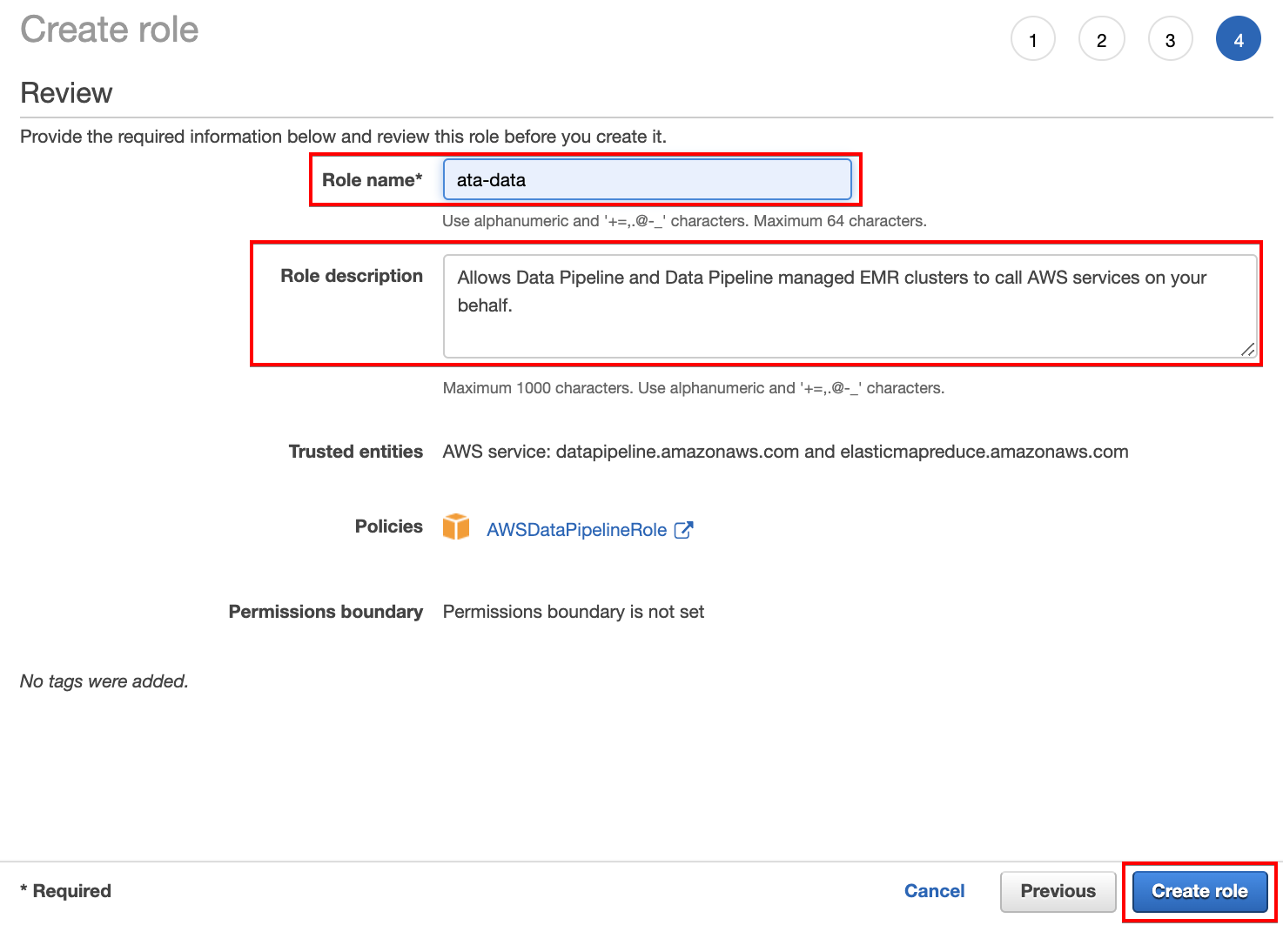 Creating an IAM role for the data pipeline