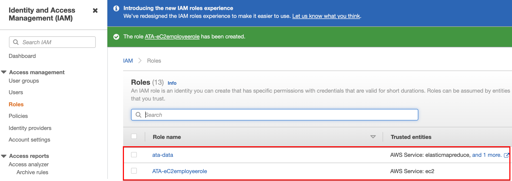 Confirming IAM role and EC2 role created for the data pipeline