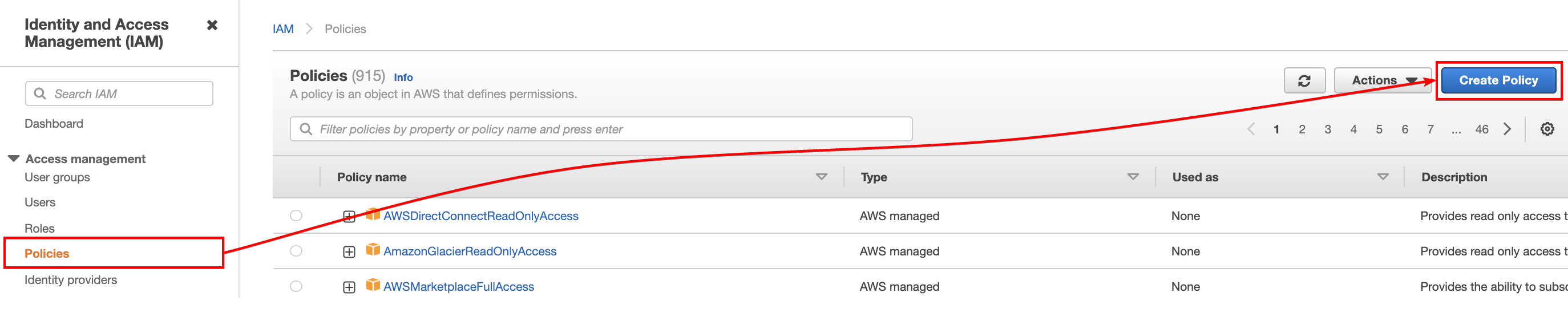 Policy tab in the IAM dashboard