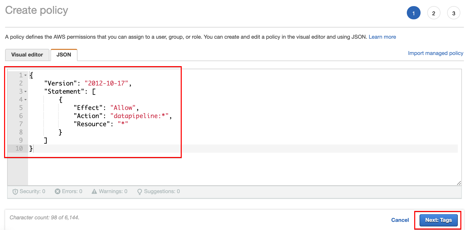 Creating data pipeline policy