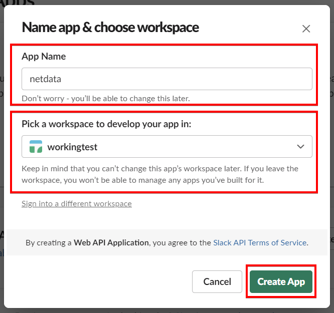 Setting Name and Workspace for the new app in Slack