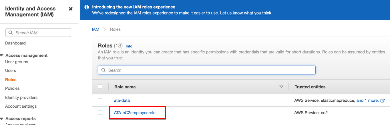 Accessing ATA-eC2employeerole role’s summary information