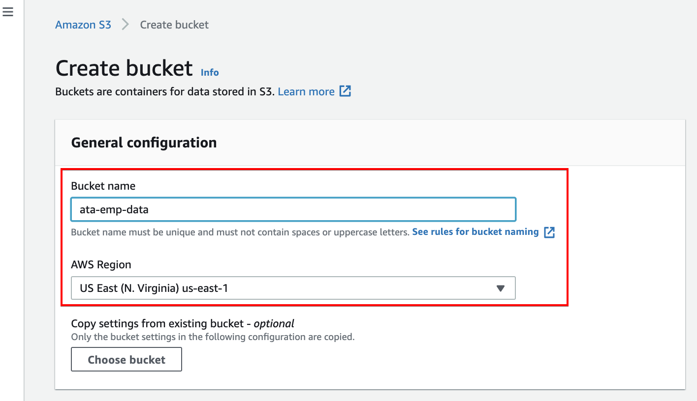 Setting S3 Bucket name and Region