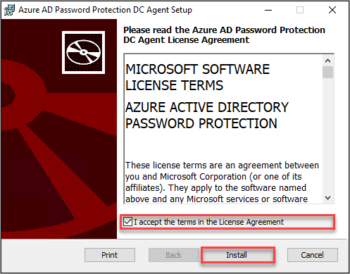 Accept the Azure AD Password Protection DC Agent license agreement
