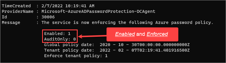 Azure AD Password protection policy is Enforced