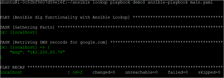 DNS record of google.com using Ansible Dig and Lookup
