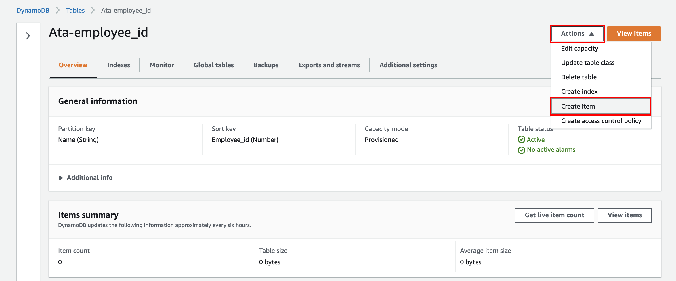 Viewing the new DynamoDB Table Information