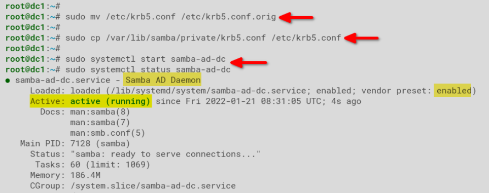 Copying Kerberos configuration and starting samba-ad-dc service