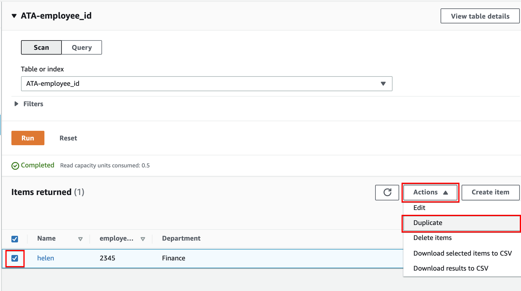 Duplicating the newly created item in table ATA-employee_id