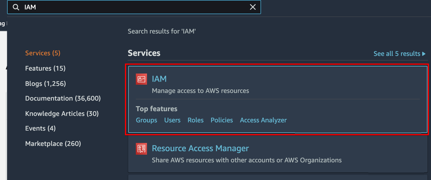 Searching for IAM policy and role