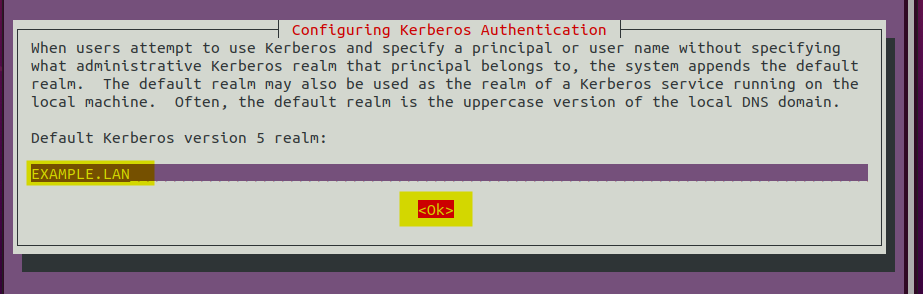 Setting up default realm EXAMPLE.LAN for Kerberos authentication