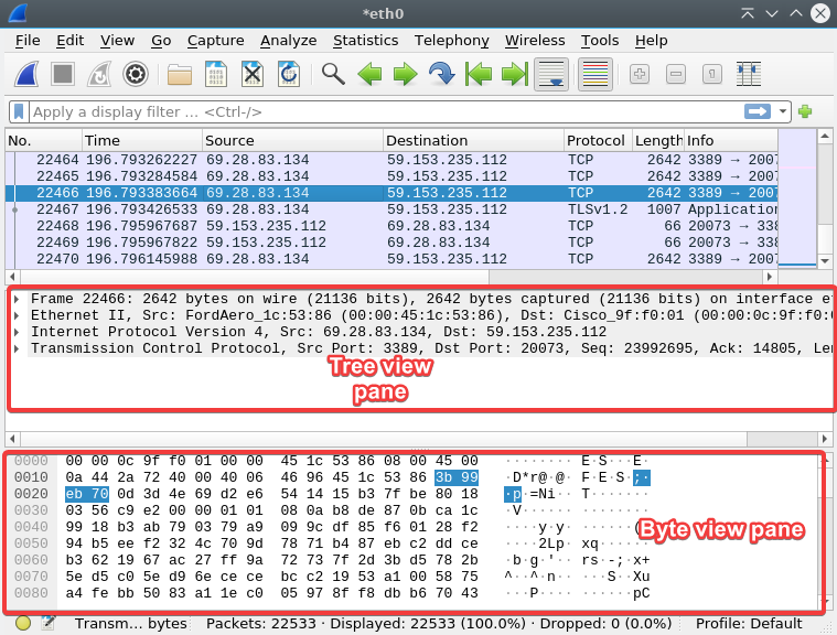 Viewing the tree view and byte view packet panel