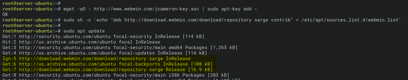 Adding Webmin GPG key, repository, and refresh the package index