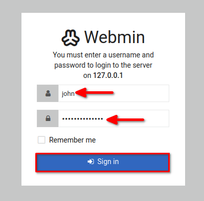 Logging into Webmin with user john 
