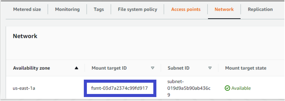 Verify the EFS mount target in AWS EFS
