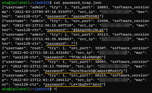 Viewing the honeypot passwords log