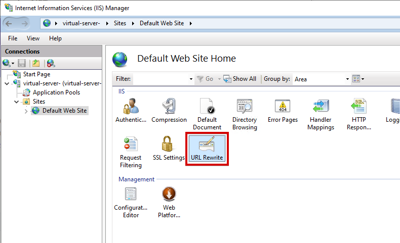 Finding the URL Rewrite Module in IIS Manager