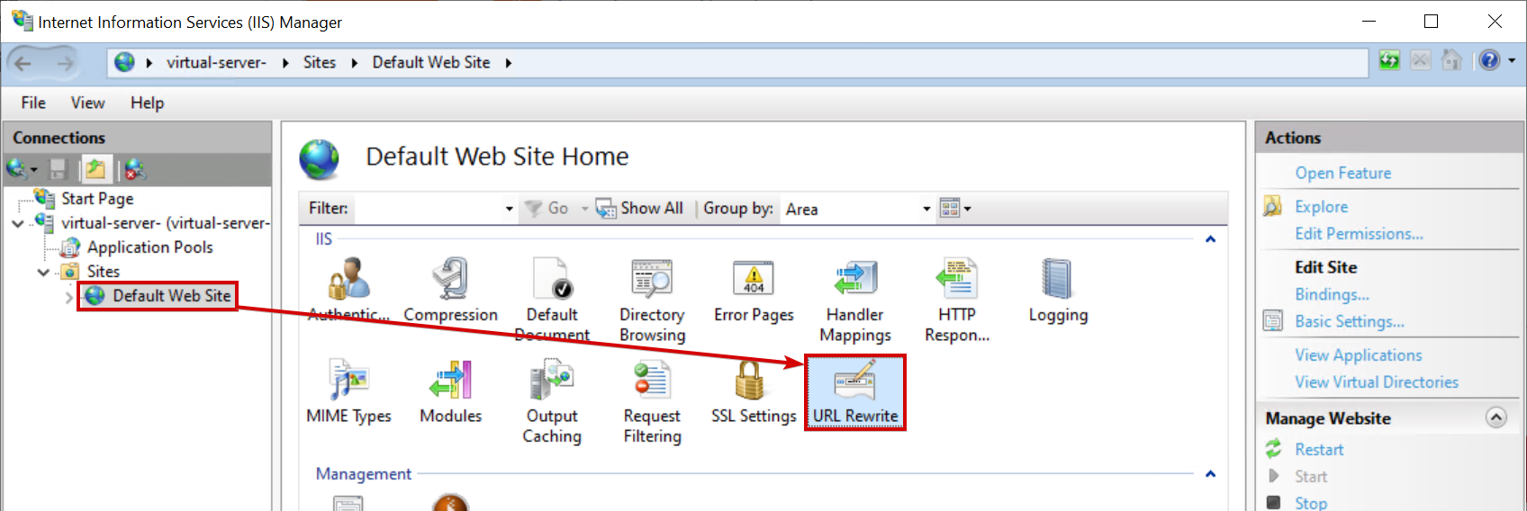 Finding the URL Rewrite Module in IIS Manager