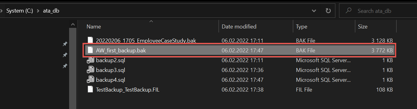 Showing the first backup on the original C:\ata_db folder