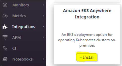 Installing the Amazon EKS Integration Plugin on the Datadog website 