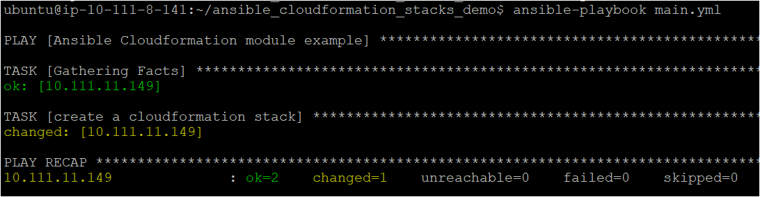 Running the ansible-playbook to create the CloudFormation Stack in AWS Cloud.