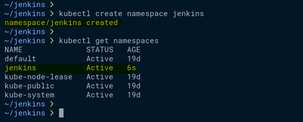 Creating and verifying the jenkins namespace