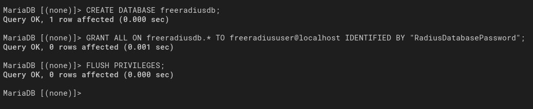 Creating MariaDB Database and User for FreeRADIUS