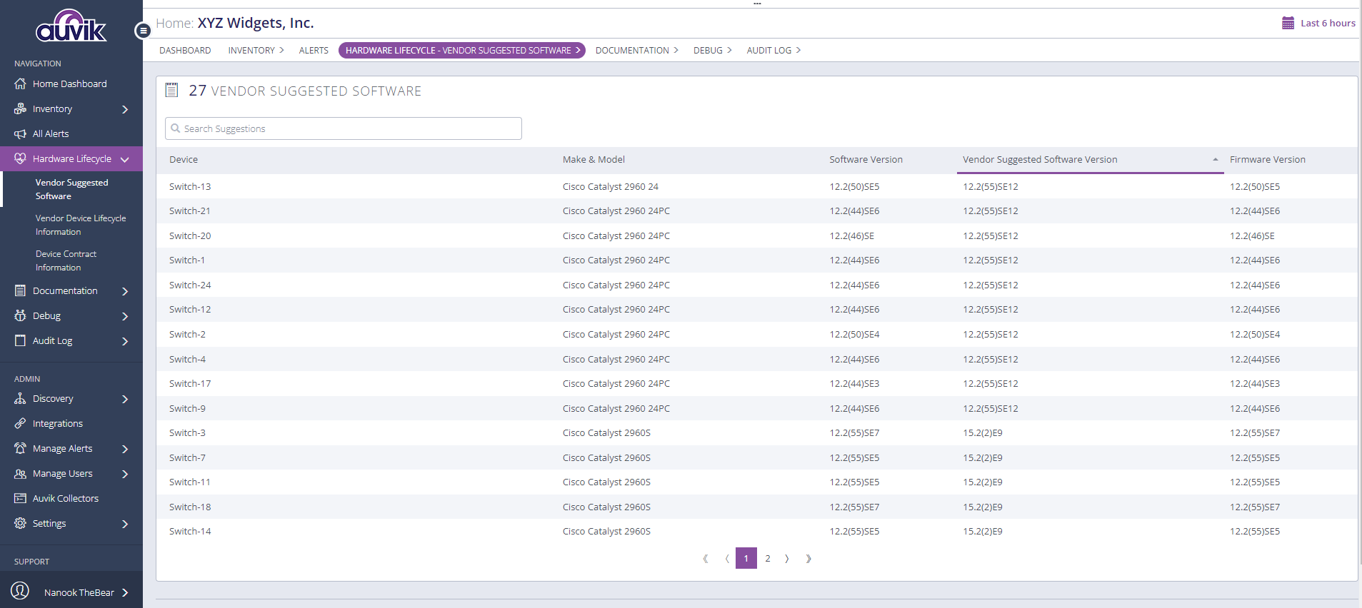 Showing the vendor suggested software in Hardware Lifecycle