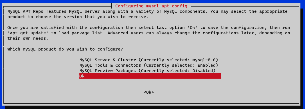 Selecting the MySQL product to configure