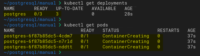 Viewing ContainerCreating for the PostgreSQL Deployment