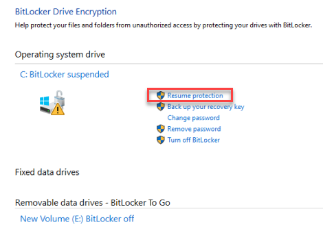 Resuming BitLocker protection