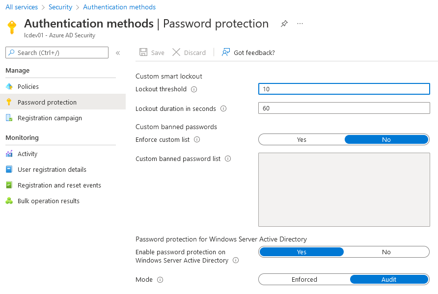 Opening the Password Protection section of Authentication Methods