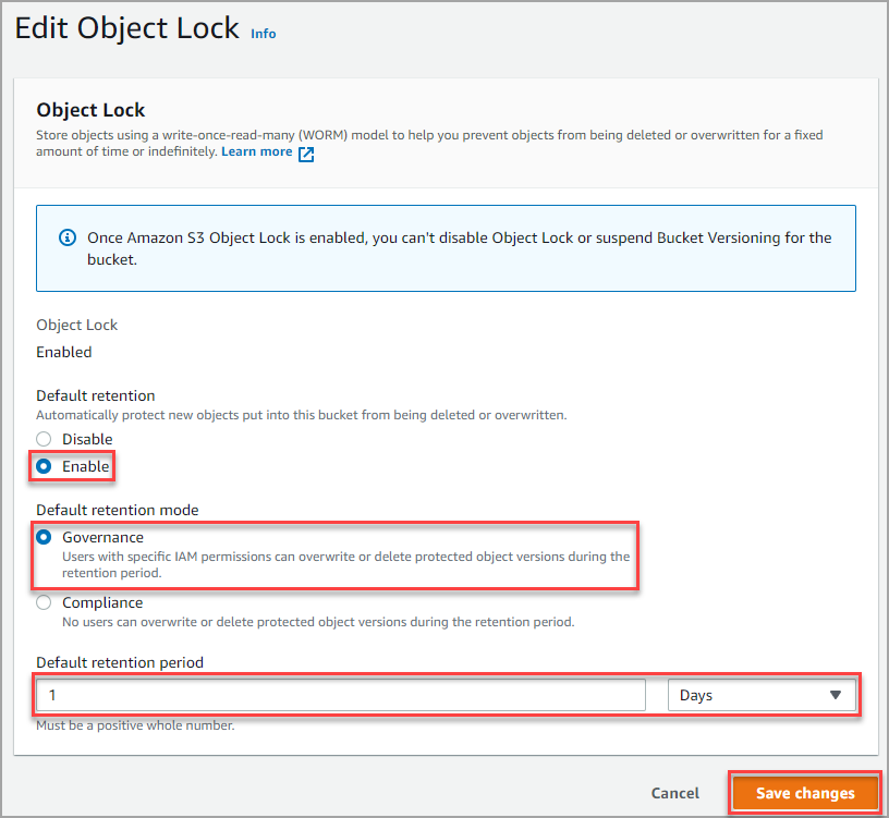 Enabling the Object Lock default retention