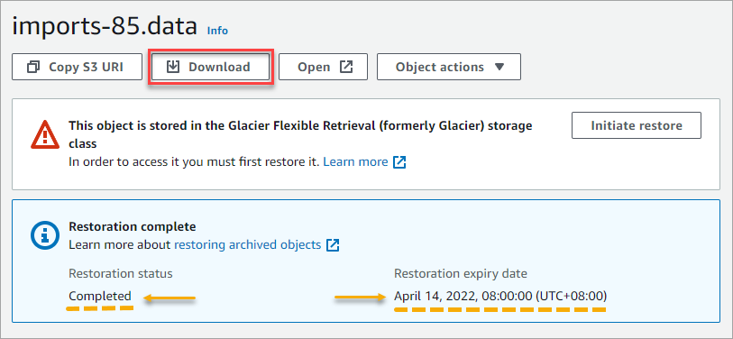 Downloading the restored object from Amazon S3 Glacier