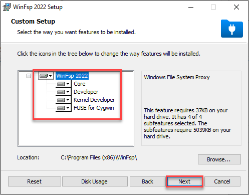 Selecting the WinFsp features to install