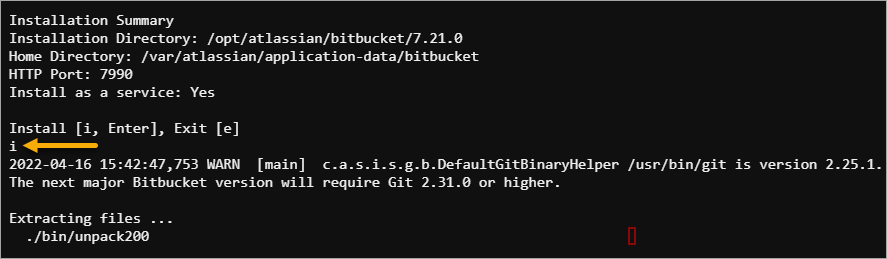 Confirming the Bitbucket installation settings