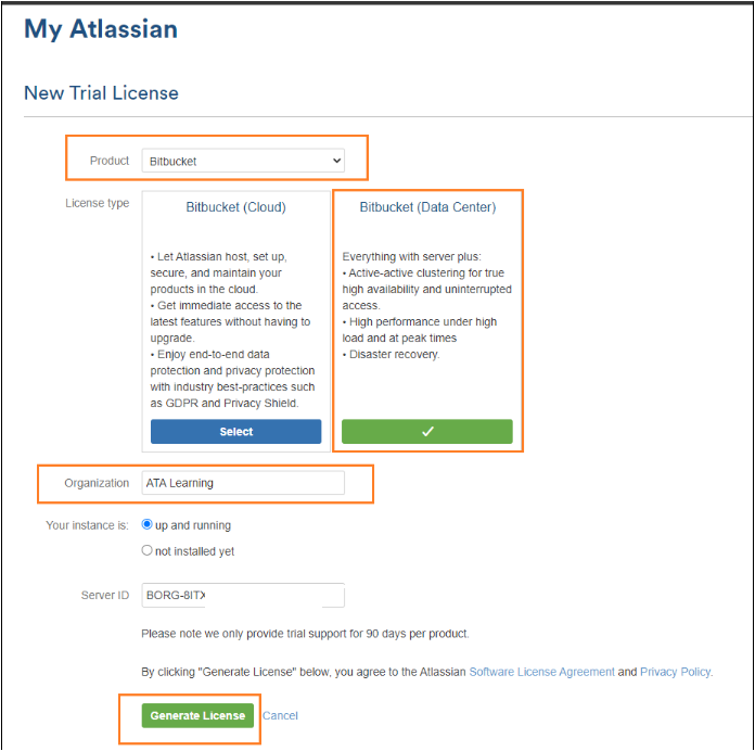 Generating a 90-day trial license for Atlassian Bitbucket