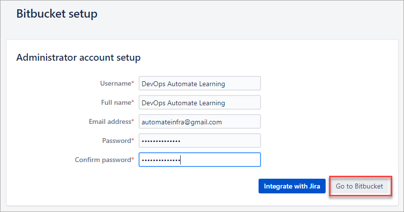 Creating the Bitbucket administrator account