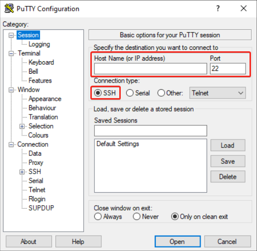 Configuring PuTTY Session 