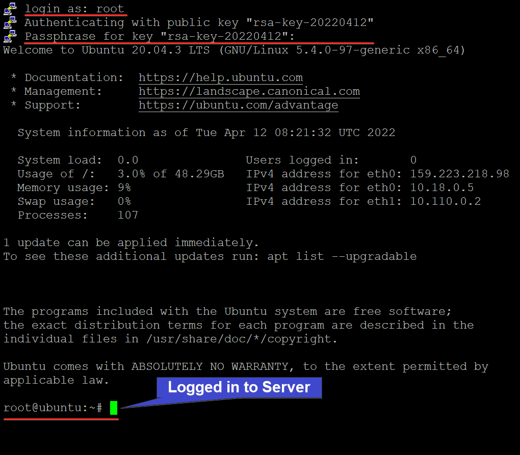 Logging in to the server via SSH