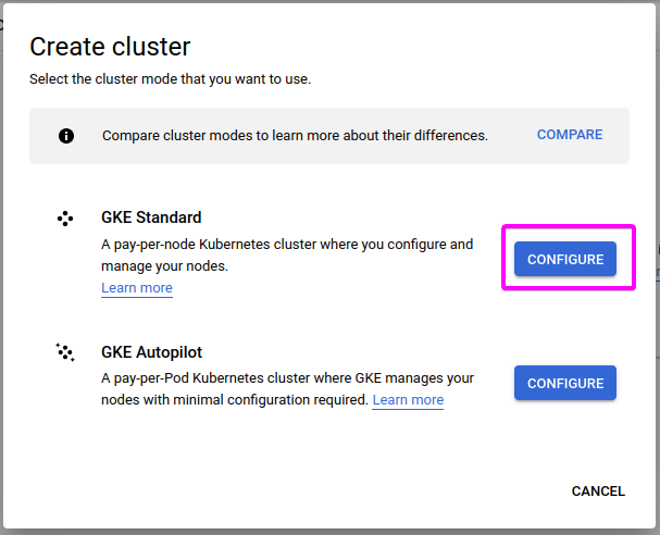 Choosing the GKE Standard Cluster Mode to Configure