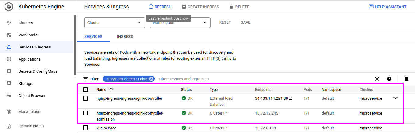 Verifying NGINX Ingress Controller Deployment and Service on GKE Environment