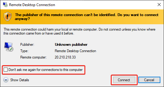 Initializing Connection to VM via RDP Client
