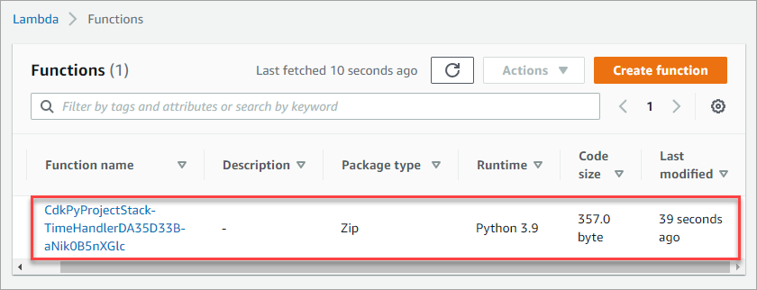 Viewing the Lambda event handler function in the AWS console